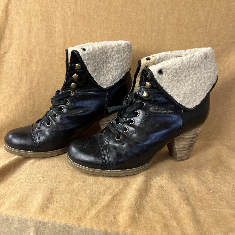 Chelsea Crew Heeled Booties Sherpa Lined Black Lace Up Sz 10